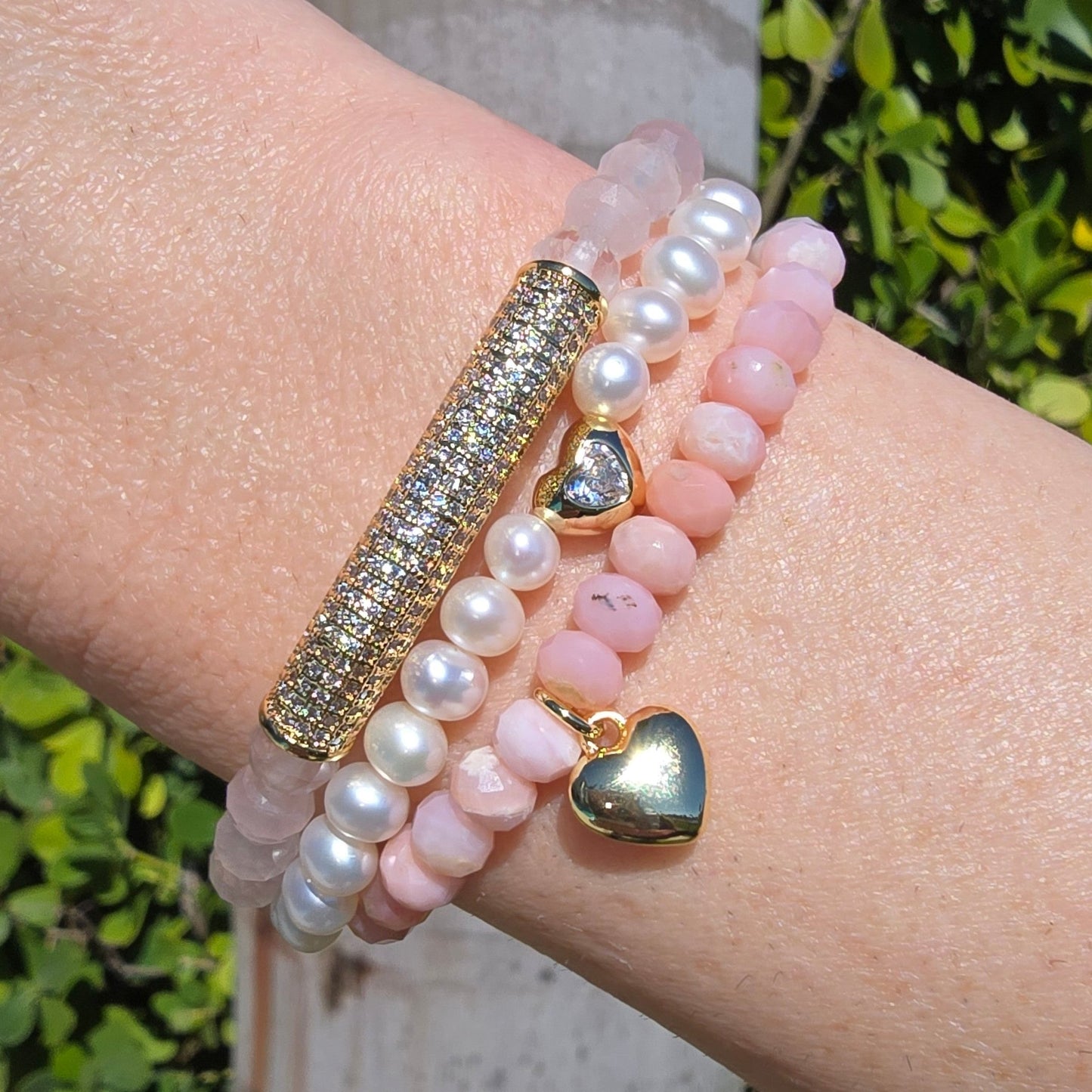 Heart Charm Stretch Bracelet in Pink Opal