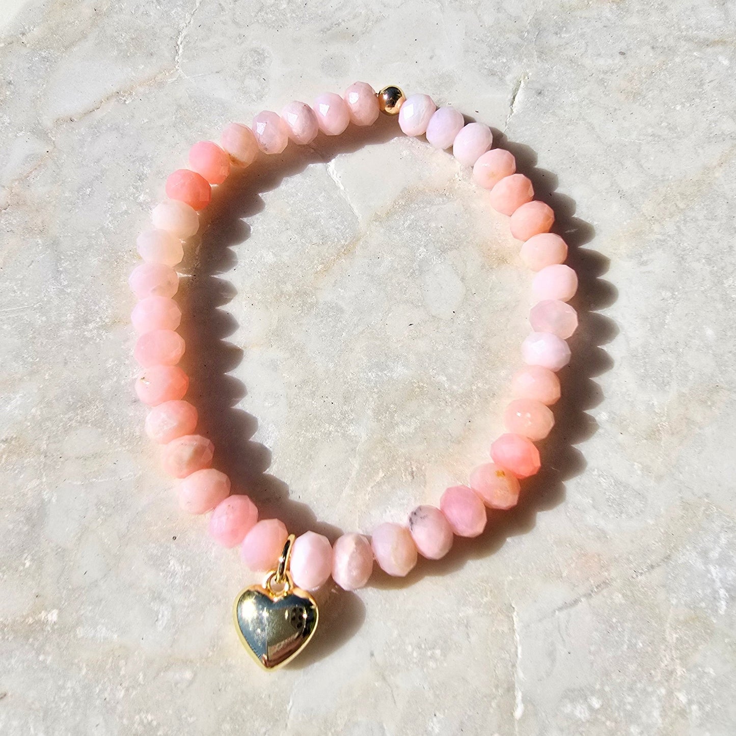 Heart Charm Stretch Bracelet in Pink Opal